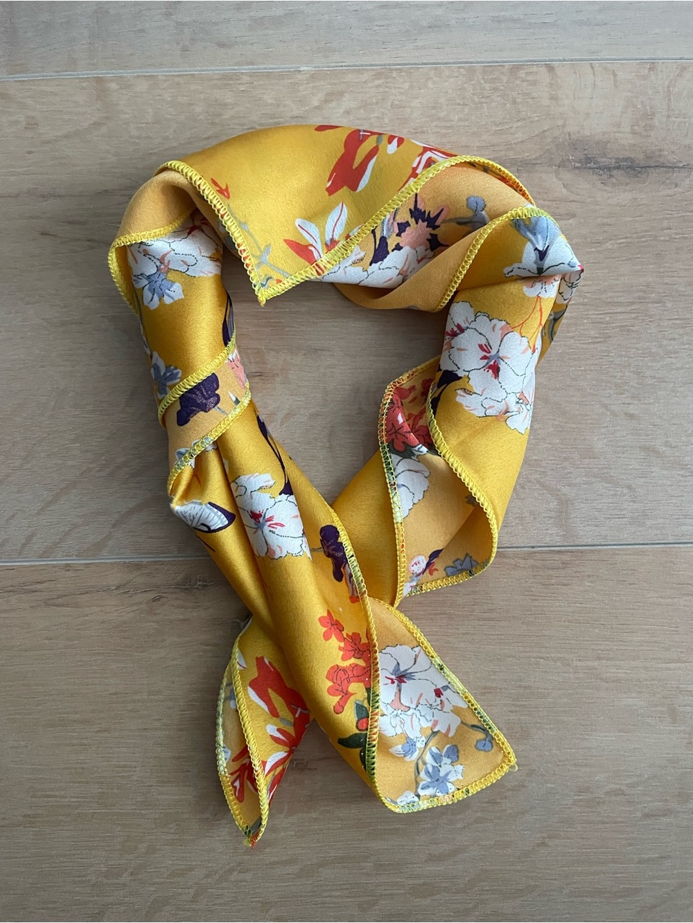 Yellow Floral Silk-Feel Neck Scarf/ Hair Accessories/ Bag Accessories